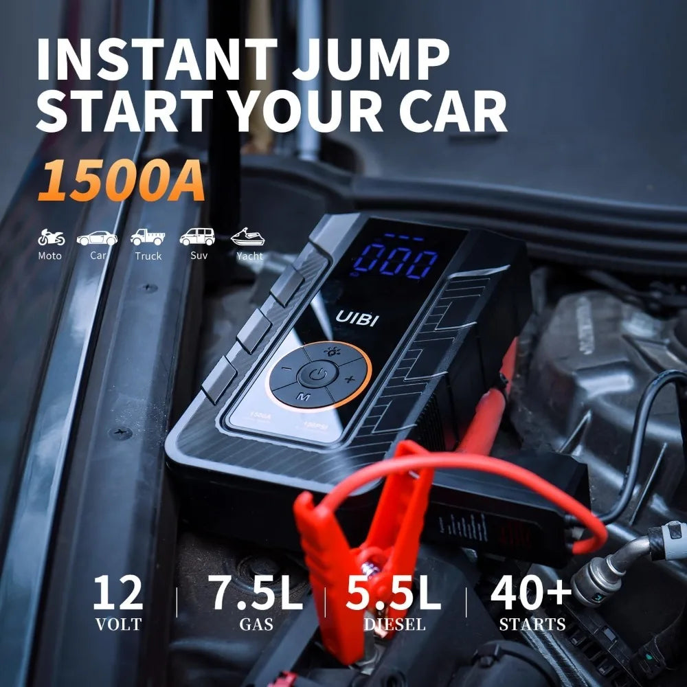 4-IN-1 Car Jump Starter with Air Compressor Peak 1500A Auto Battery Booster 150PSI Air Pump Portable Power Bank Tire Inflator