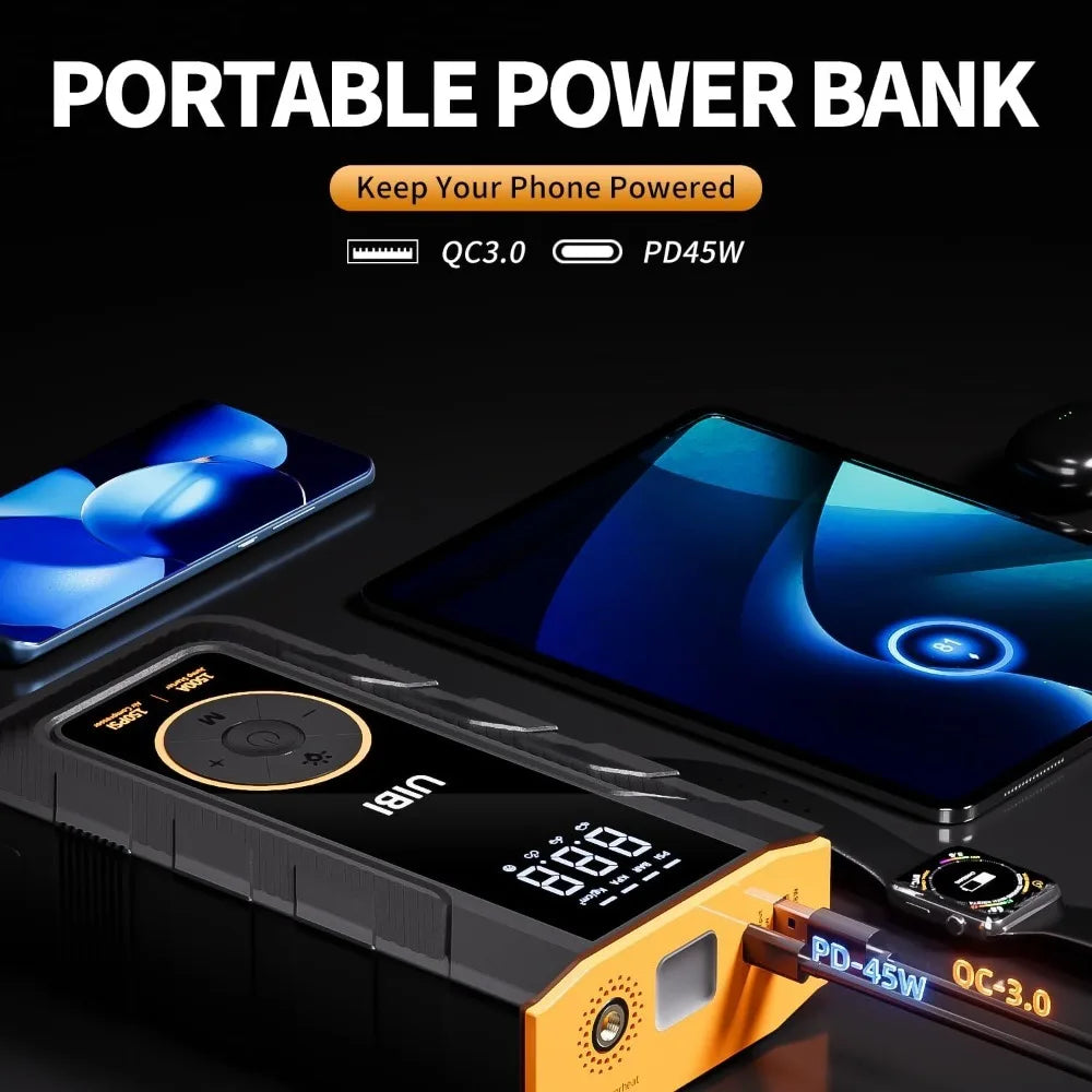 4-IN-1 Car Jump Starter with Air Compressor Peak 1500A Auto Battery Booster 150PSI Air Pump Portable Power Bank Tire Inflator